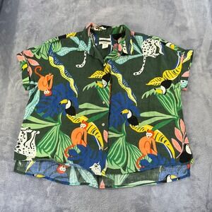 Christian Siriano 100% Linen Tropical Jungle Animal Print Blouse Shirt Women L